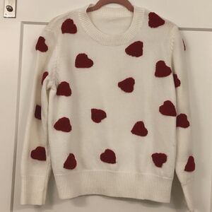 White and Red Heart Pattern Sweater